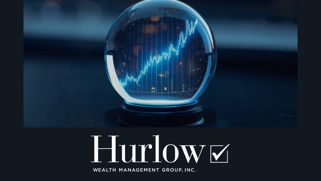 A crystal ball shows a stock market trend line