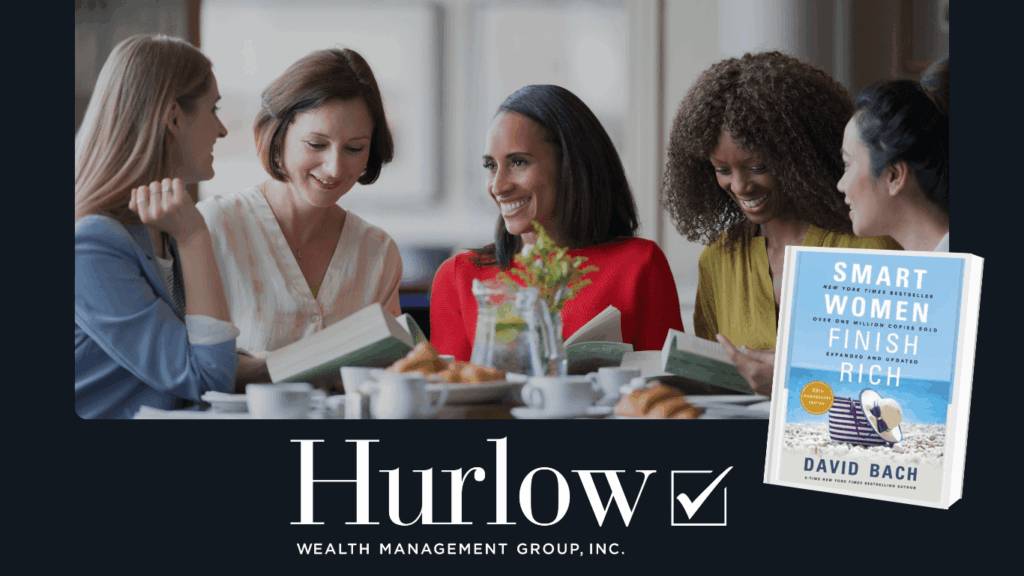 5 women sit at a table, each with a book, and an image of the book Smart Women Finish Rich