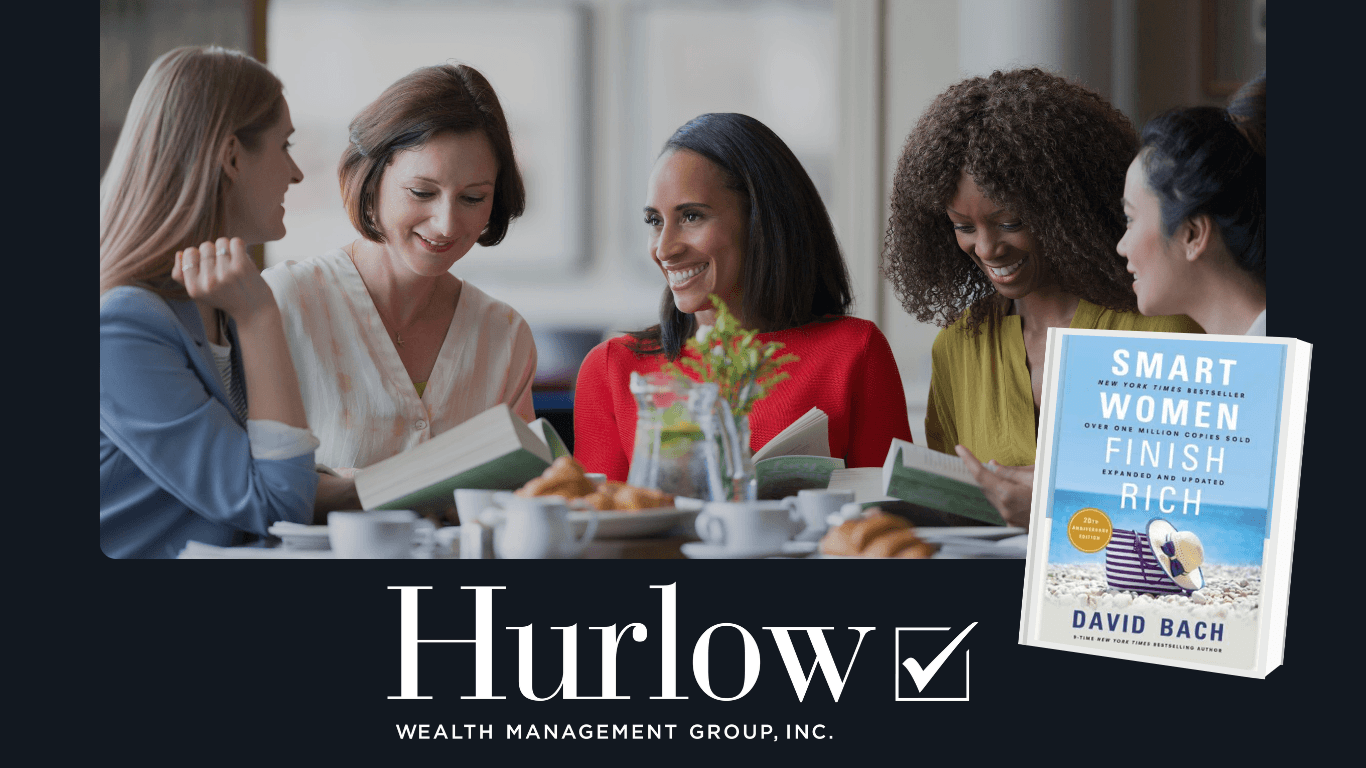5 women sit at a table, each with a book, and an image of the book Smart Women Finish Rich