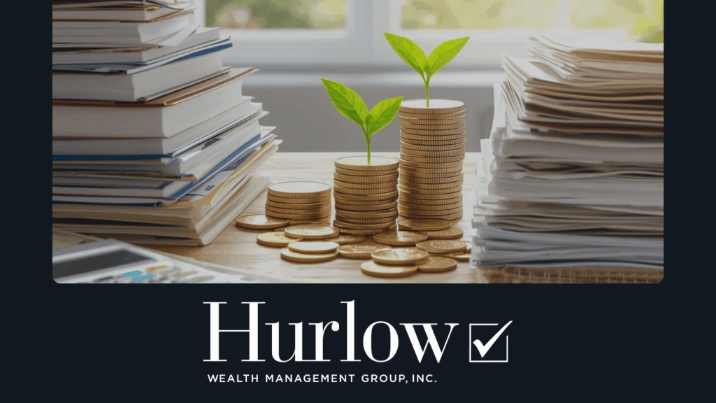 Picture of a desk with stacks of paper files new plants growing out of coins