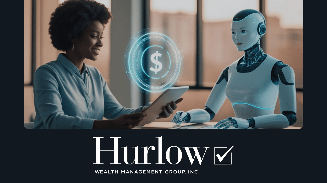 Woman sitting with a robot looking at a tablet. Dollar sign in a bubble