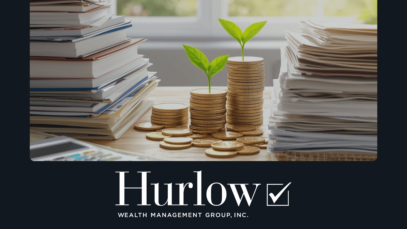 Picture of a desk with stacks of paper files new plants growing out of coins