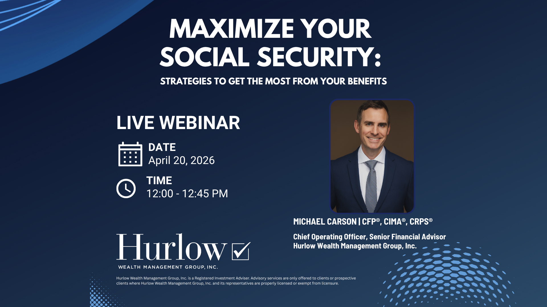 Headshot of Michael Carson promoting a social security webinar