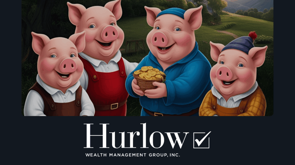 A cartoon image of 4 pigs, one hold a bowl of gold coins