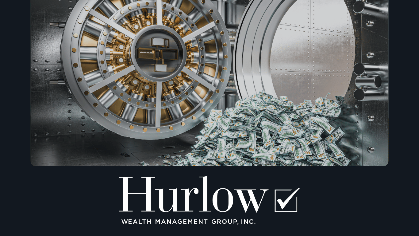 An open bank vault with a large pile of $100 bills pouring out.